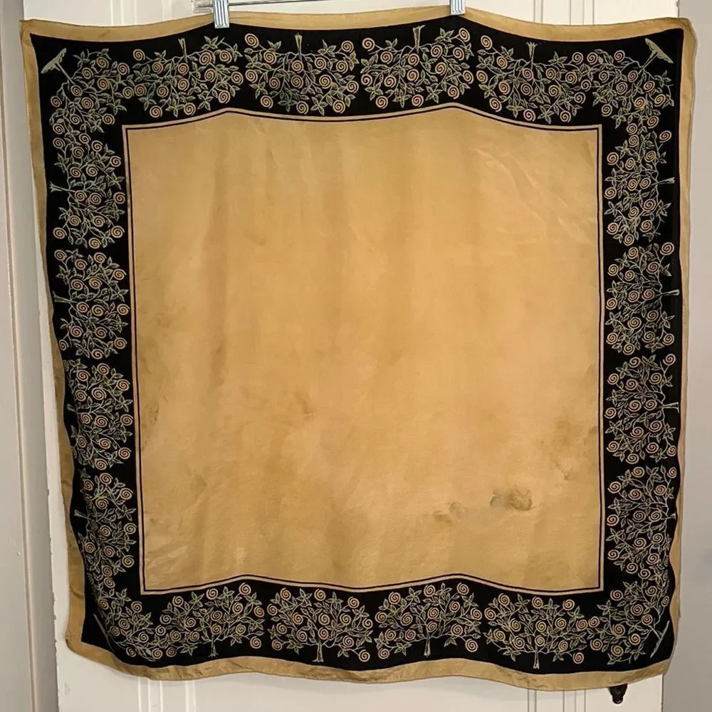 Vtg 50s/60s Cravenette gold,‎ black, green large silk water repellent silk scarf